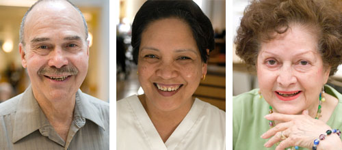 Three portraits of Jewish Home community members; volunteer, staff, and resident